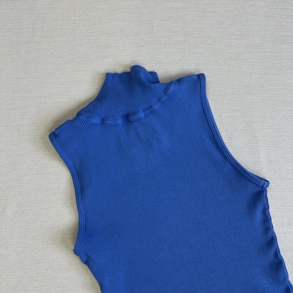 Big Bud Press Mockneck Tank Top Ribbed Organic Cotton Women Petite Blue - Picture 8 of 9